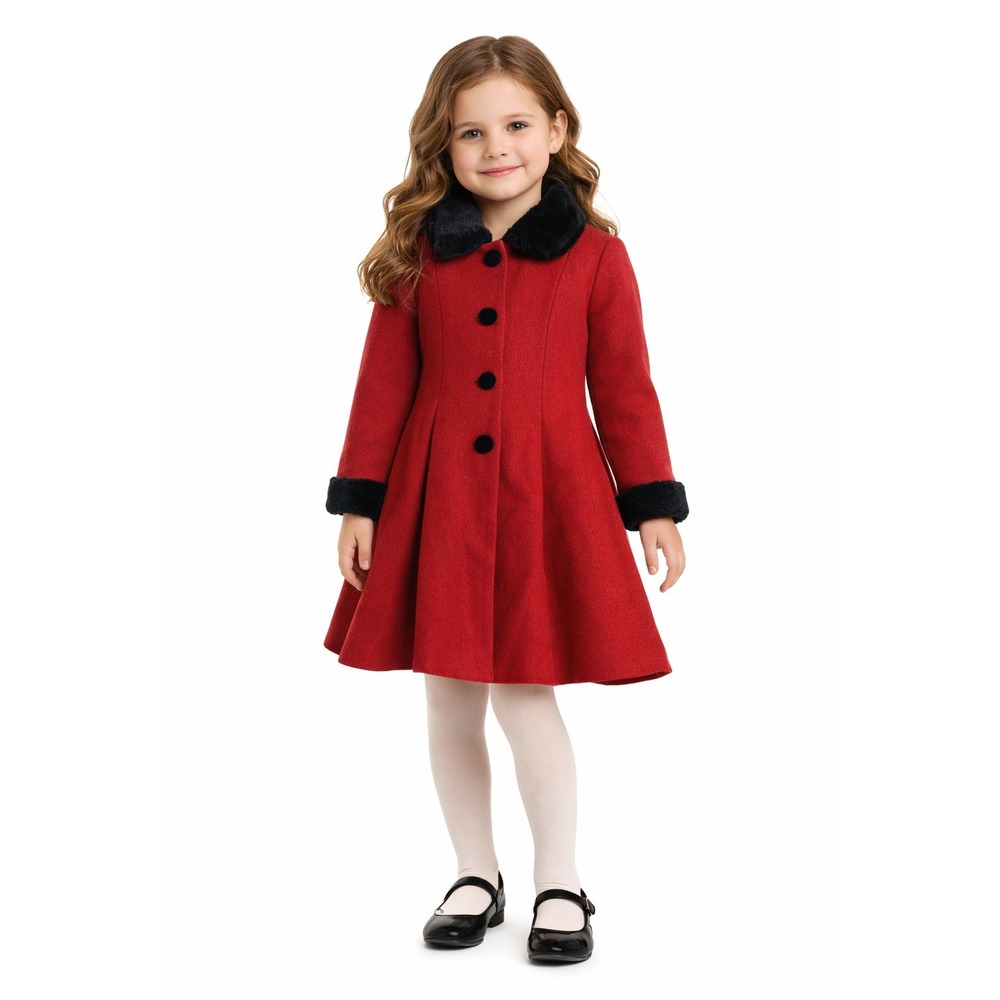 TALBOTS KIDS‎ Wool Dress Coat – Brick Red w/ Black Faux Fur Collar – Size 4